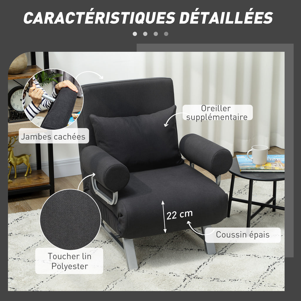 Fauteuil chauffeuse canapé-lit Convertible inclinable 1 Place Coussin lombaires accoudoirs piètement métal Lin Noir-5