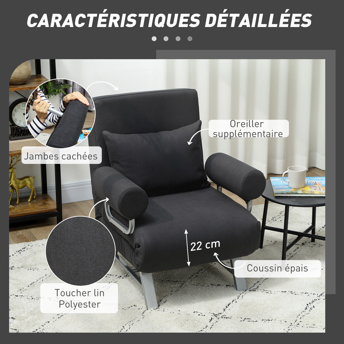 Fauteuil chauffeuse canapé-lit Convertible inclinable 1 Place Coussin lombaires accoudoirs piètement métal Lin Noir-5