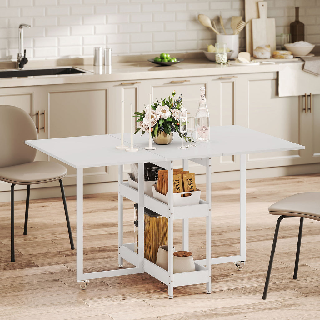 Table à manger pliante sur roulettes 4 personnes avec compartiments ouverts, pour petits espaces, salle à manger, blanc-9