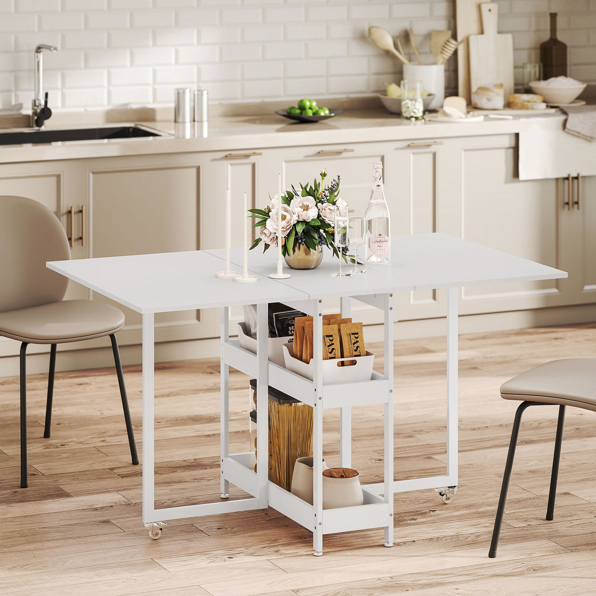Table à manger pliante sur roulettes 4 personnes avec compartiments ouverts, pour petits espaces, salle à manger, blanc-9