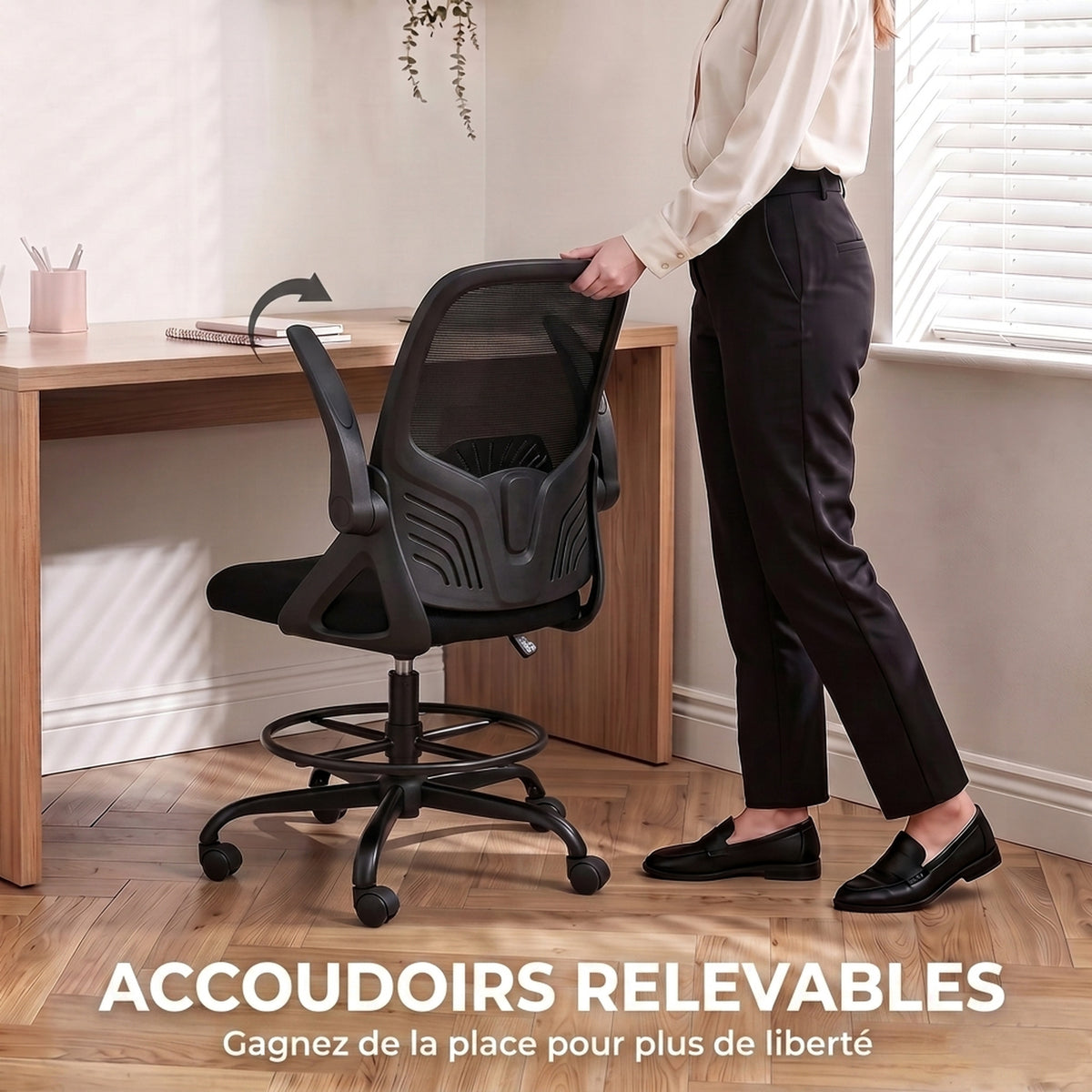 Chaise Bureau Ergonomique avec Soutien Lombaire Réglable, Chaise de Dessin en Maille, Accoudoirs Relevables, Noir-5