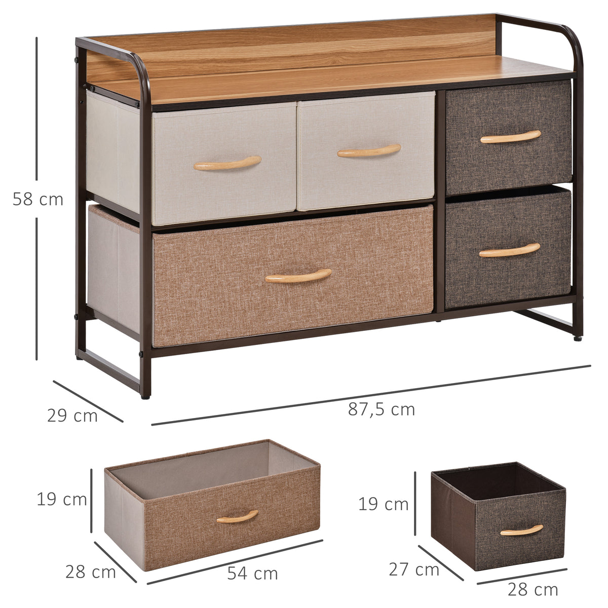 Commode Meuble de Rangement 5 tiroirs en Tissu 87,5 x 29 x 58 cm Marron et Beige-2