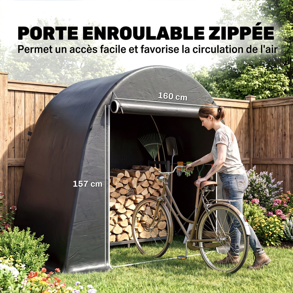 Abri de jardin tente de stockage étanche abri moto porte enroulable fermeture éclair, 245 x 120 x 200 cm, gris foncé-5