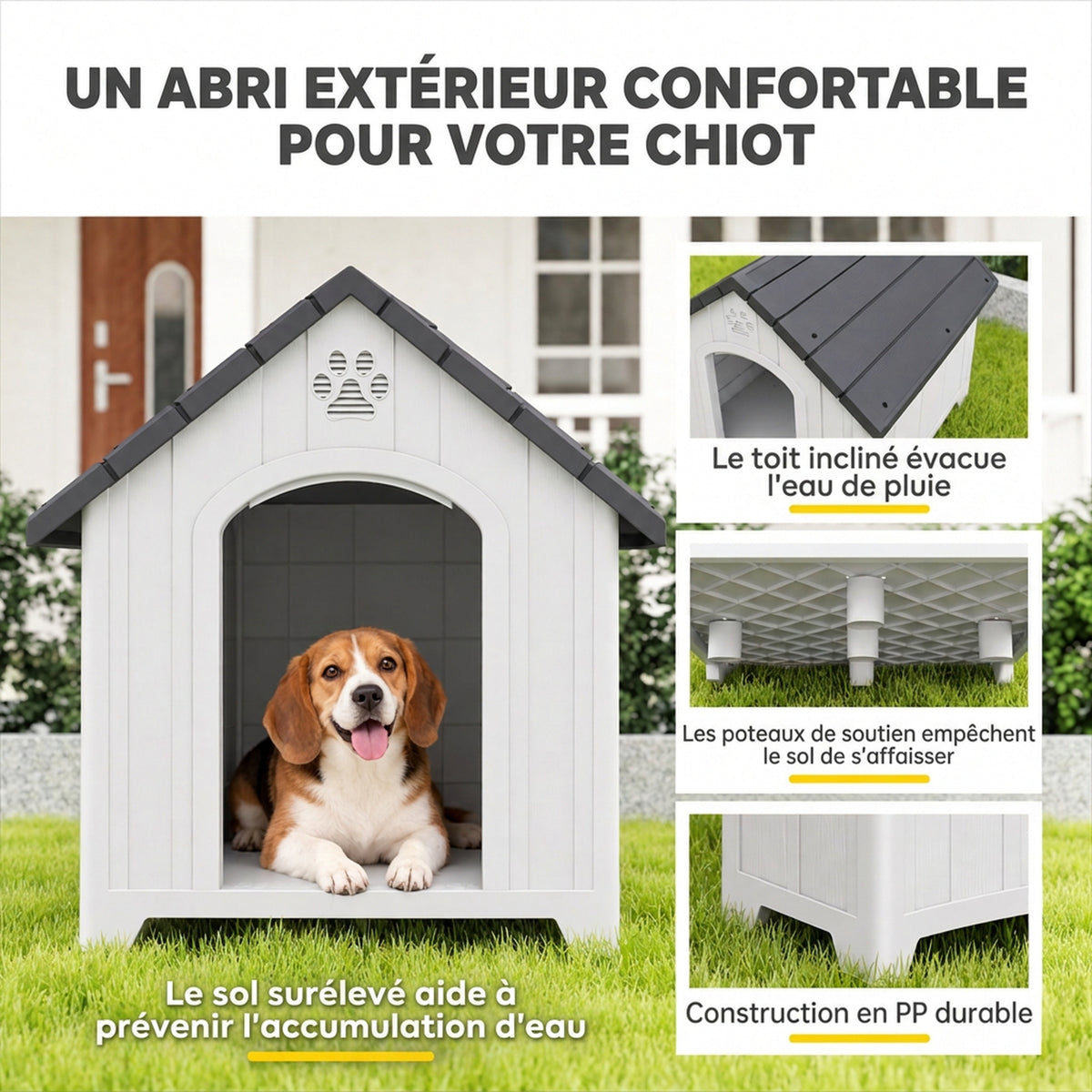 Niche pour chien extérieur, maison chien en polypropylène imperméable ventilé plancher surélevé 76x66x77cm gris clair-3