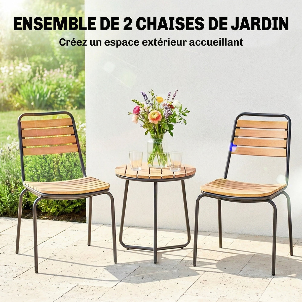 Lot de 2 Chaises de Jardin Empilables, Assise et Dossier en Bois Massif à Lattes, Cadre en Acier, 61x47x81cm, Naturel-3