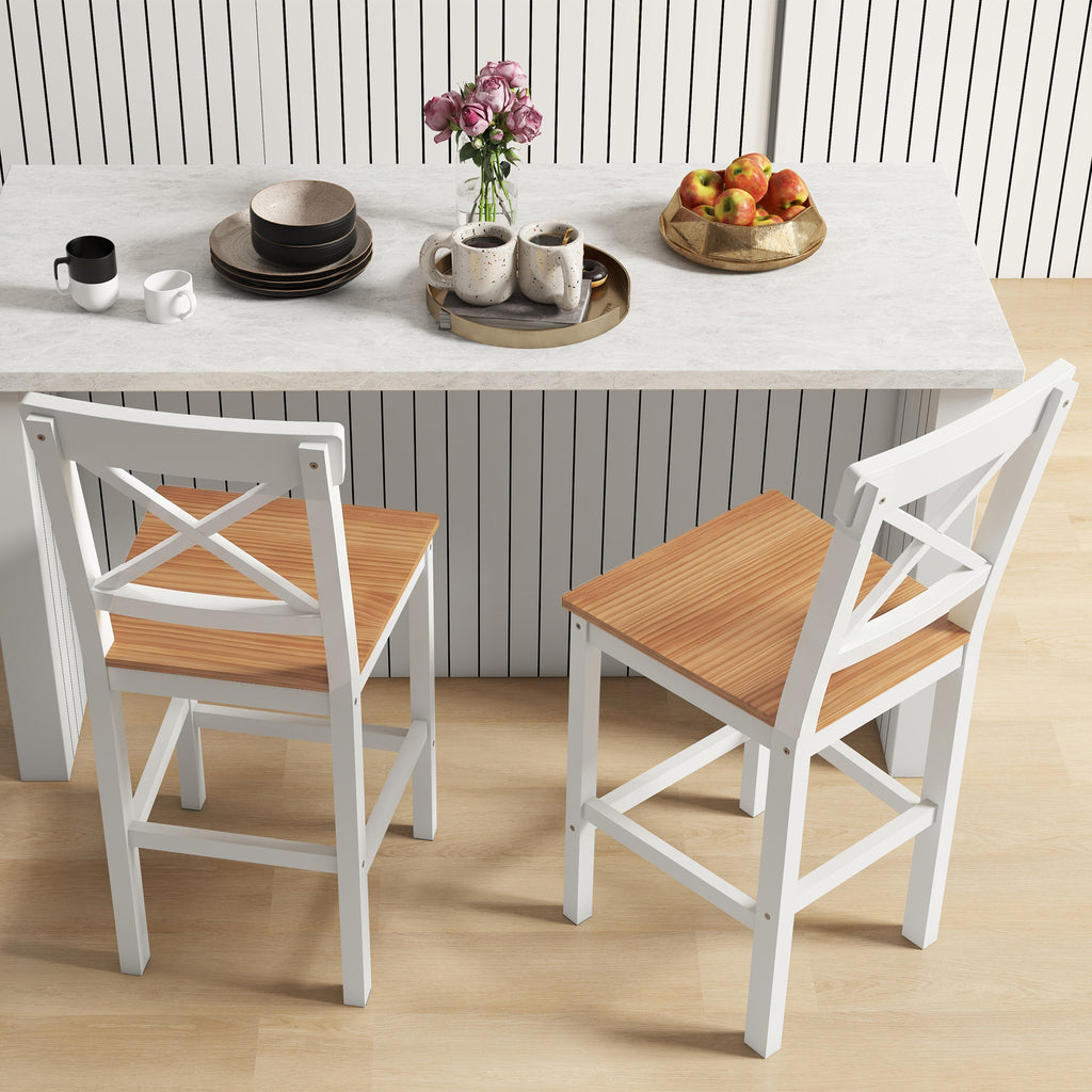Lot de 2 tabourets de bar, chaises hautes campagne, dossier haut et repose-pieds, 41x46x97,5cm, blanc et bois naturel-6