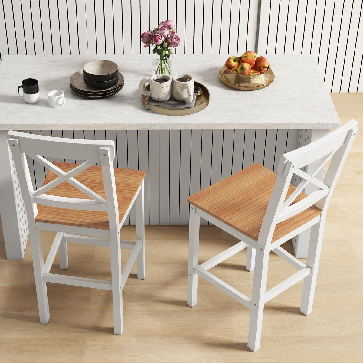 Lot de 2 tabourets de bar, chaises hautes campagne, dossier haut et repose-pieds, 41x46x97,5cm, blanc et bois naturel-6