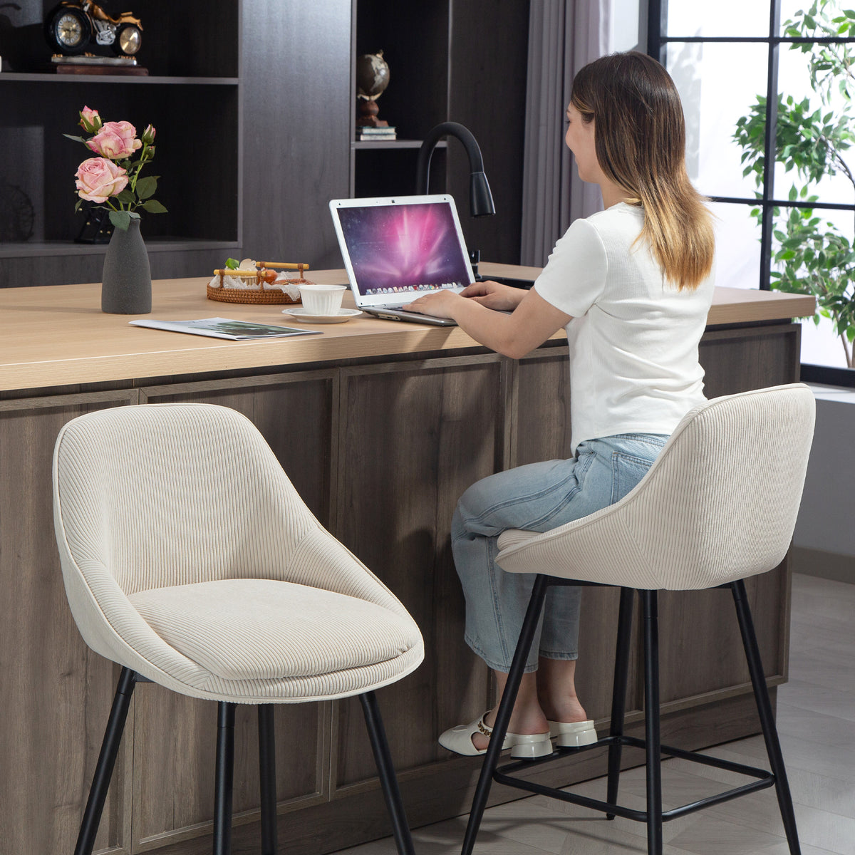 Lot de 2 tabourets de bar en tissu velours côtelé, chaises de bar avec dossier courbé, repose-pieds, 49x52x88cm, crème-8