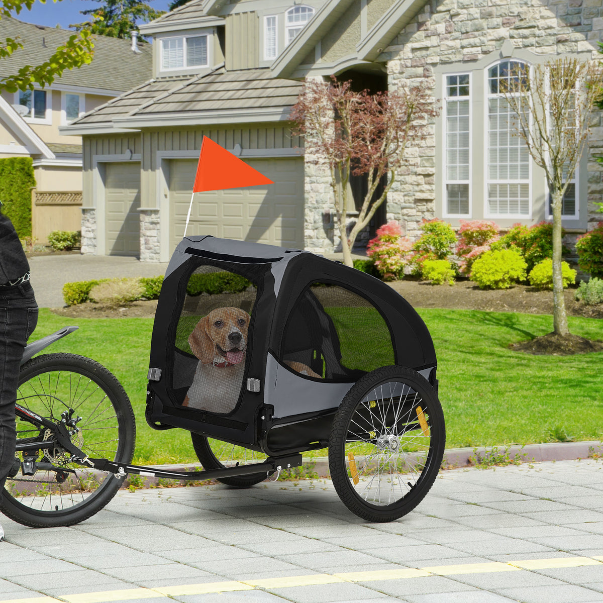 Remorque de vélo pour chien avec fenêtres en maille réflecteurs et drapeau de sécurité 140 x 71 x 83 cm noir-1