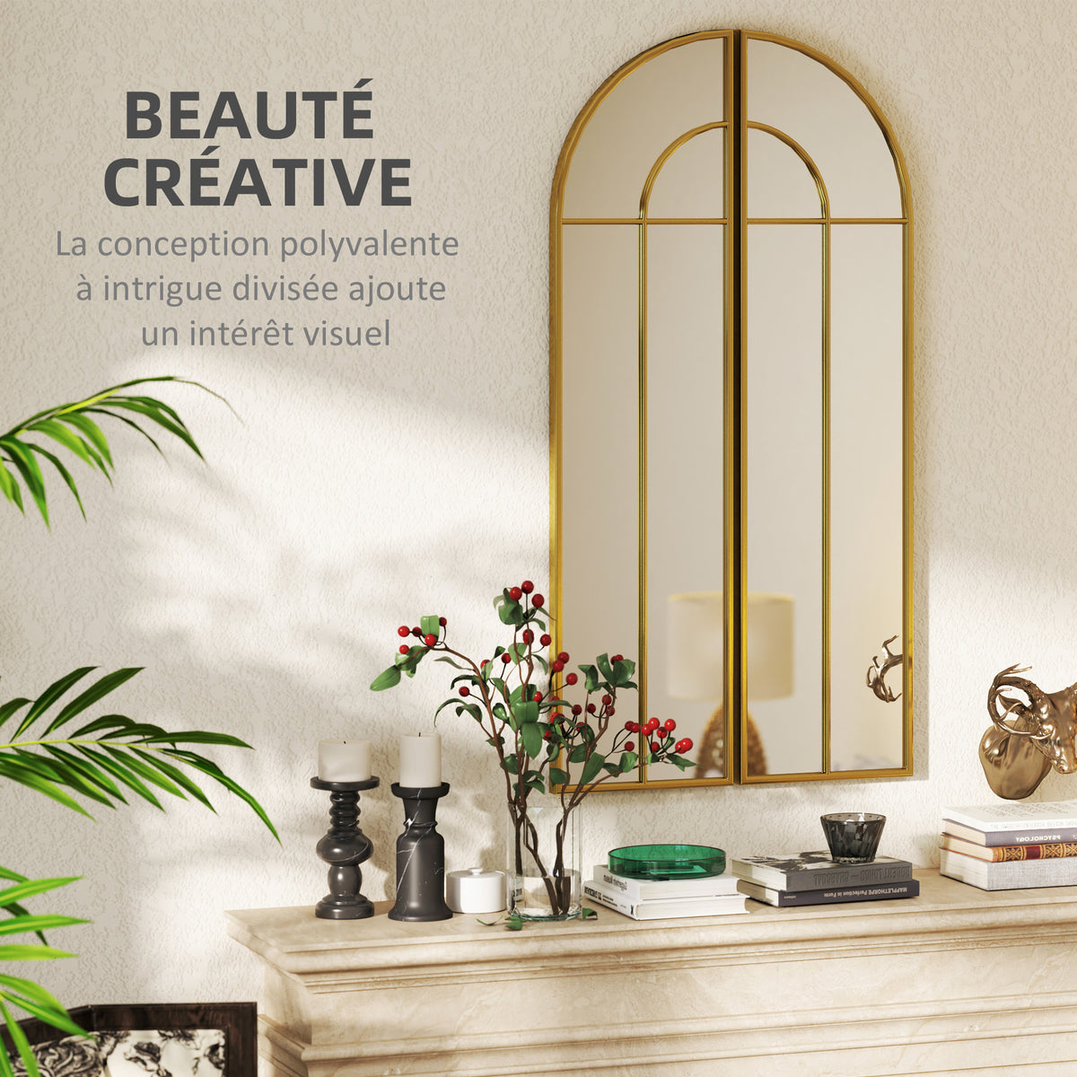 Miroir mural arc 30 x 120 cm, grand miroir décoratif avec cadre métallique, pour salon, chambre, couloir, ton doré-3