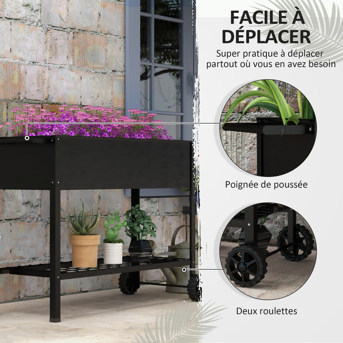 Jardinière sur Pieds Potager dim. 109L x 39l x 80H cm étagère 2 Roues + Insert d'irrigation métal Noir-3