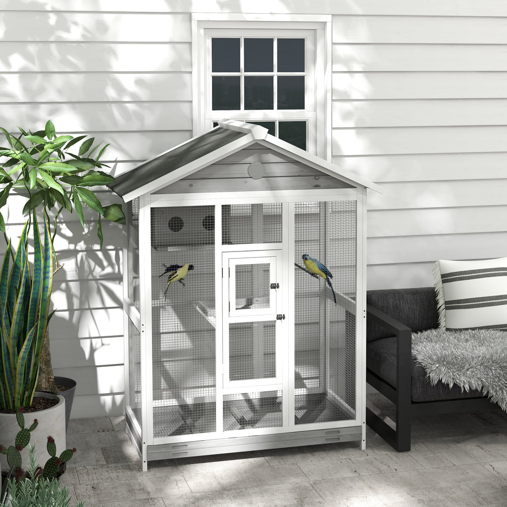 Grande cage oiseau volière à oiseaux intérieur exterieur, 4 perchoirs 112 x 68 x 154 cm gris-9