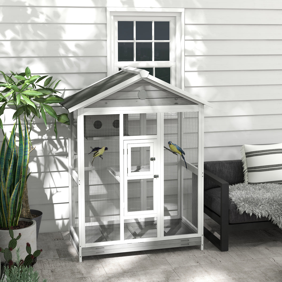 Grande cage oiseau volière à oiseaux intérieur exterieur, 4 perchoirs 112 x 68 x 154 cm gris-9