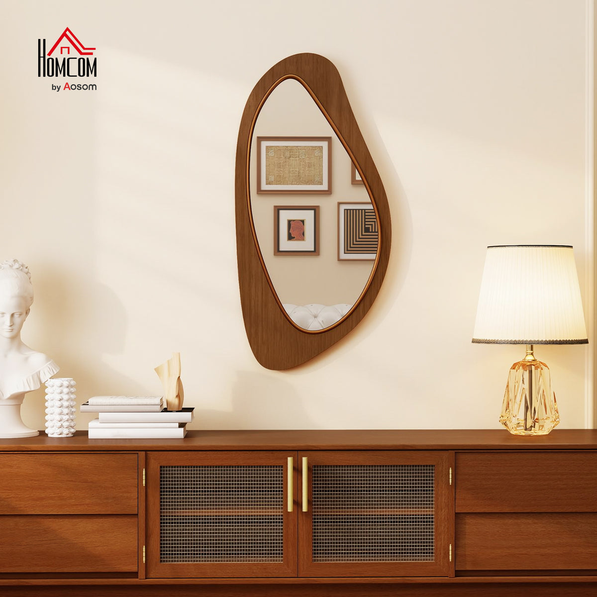 Miroir mural asymétrique 91,5 x 45 cm, miroir suspendu moderne, cadre en bois, effet bois naturel-1