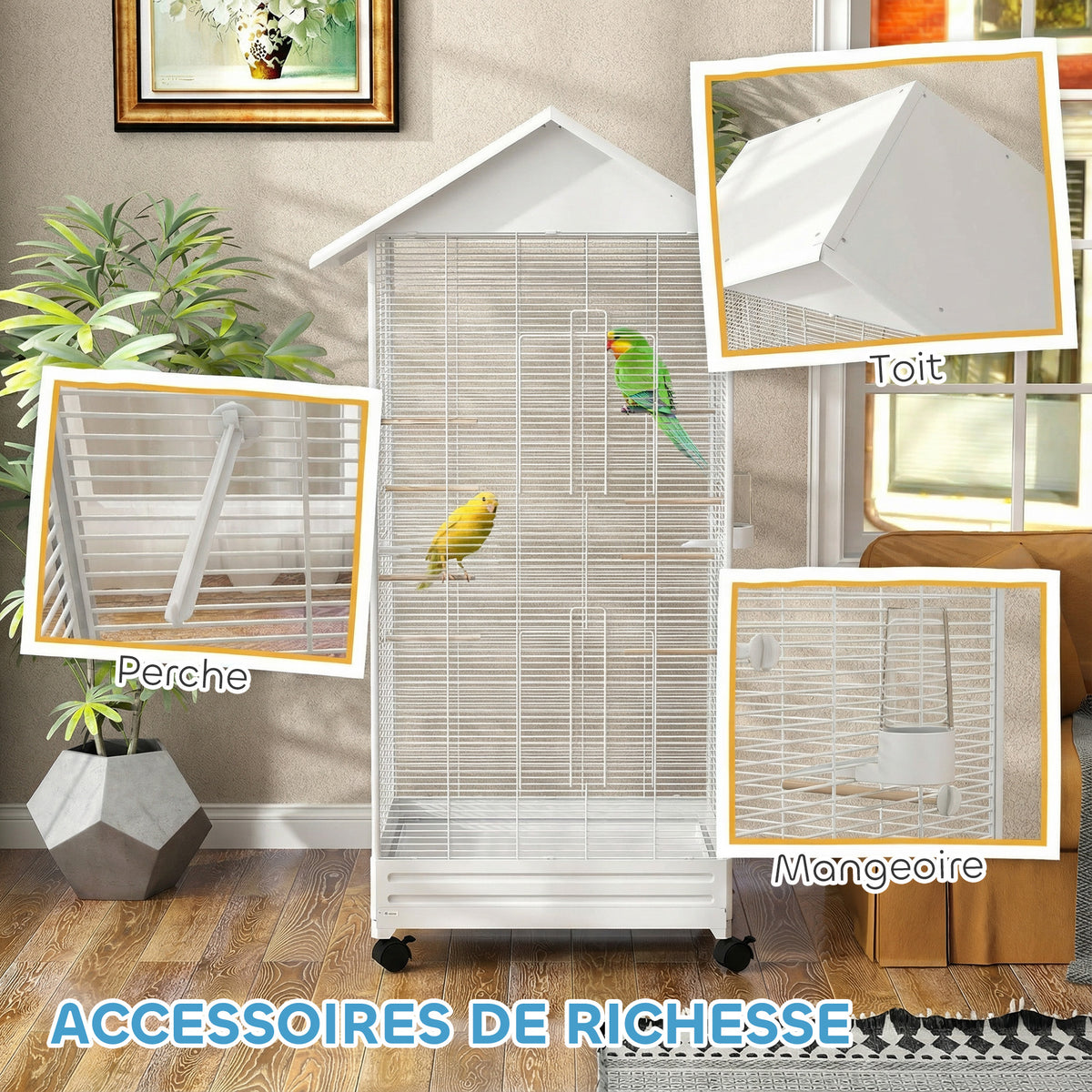 Cage oiseau sur pied volière oiseaux intérieure sur roulettes 2 mangeoires 8 perchoirs 79 x 65 x 155 cm fil d'acier blanc-7