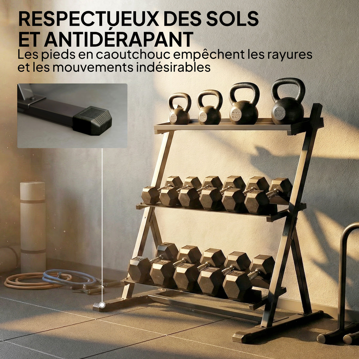 Support pour haltères à 3 niveaux, support de poids réglable en acier pour haltères, kettlebells, noir-6