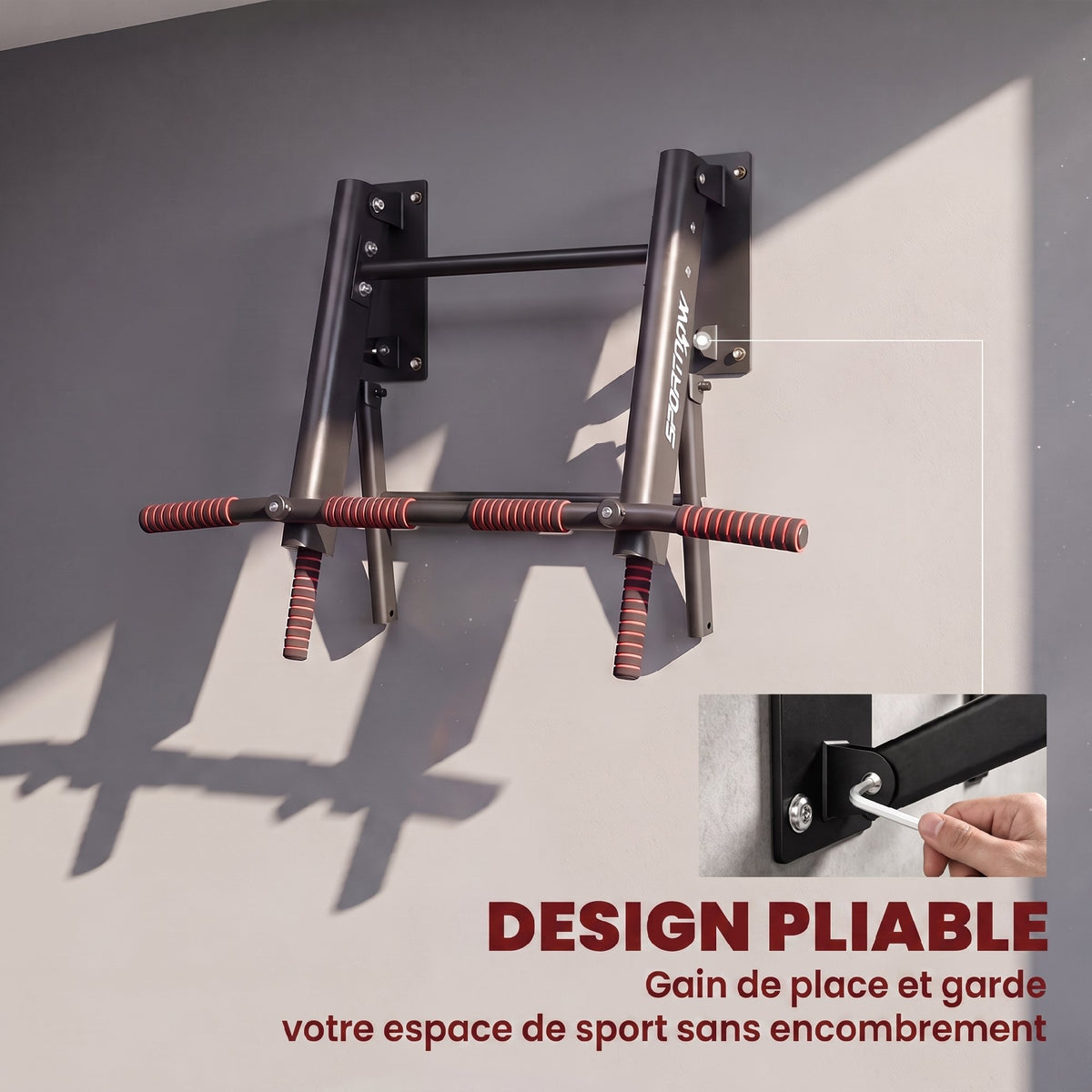 Barre de Traction Murale Pliable avec Poignées Antidérapantes, 3 Crochets pour Bandes de Résistance, 98x65x31cm, Noir-4