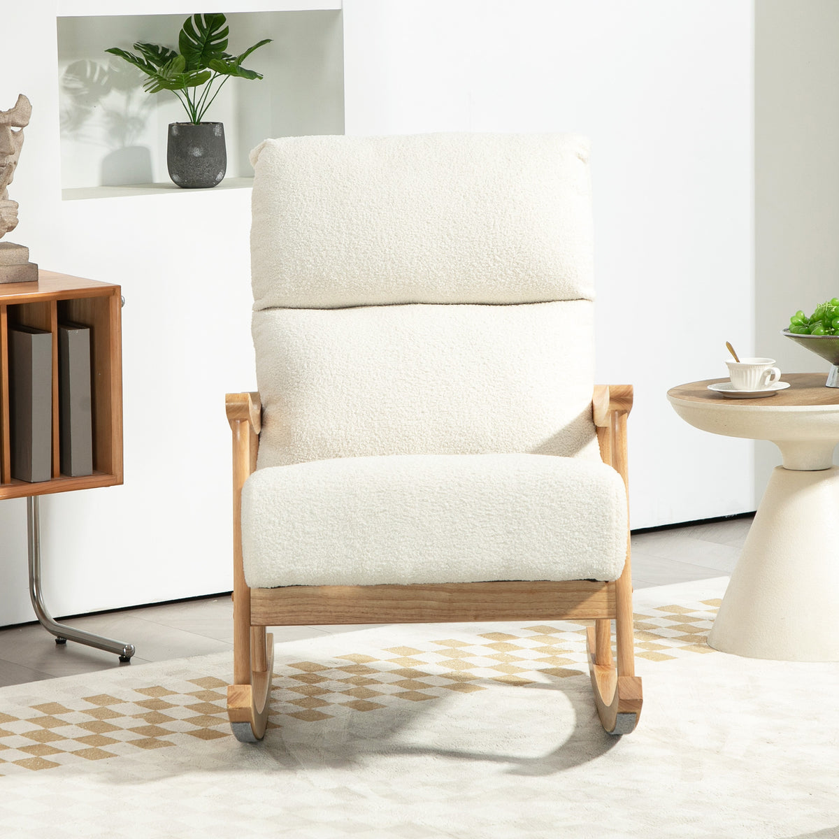Fauteuil à bascule, rocking chair en velours teddy avec assise rembourré, dossier ergonomique, 65 x 90 x 98 cm, crème-7