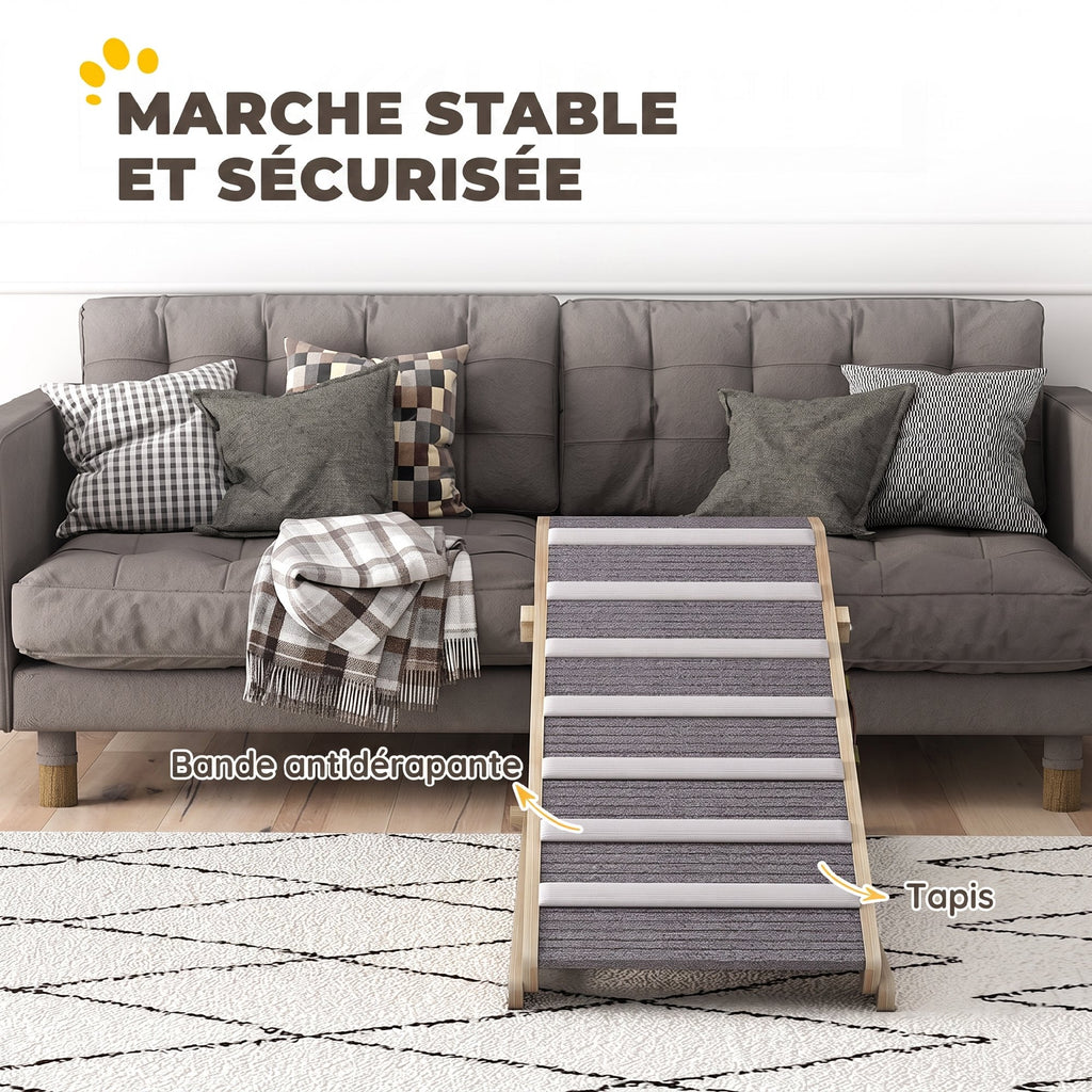 Rampe pour Chien en Bois avec Tapis Antidérapants, 4 Hauteurs Réglables de 35-50 cm, 100x50x50cm, Bois Naturel et Gris-4
