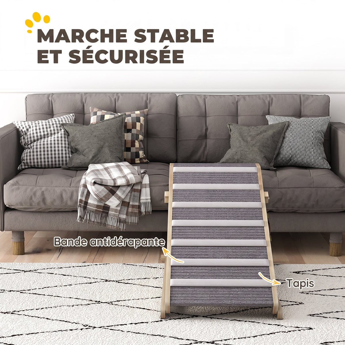 Rampe pour Chien en Bois avec Tapis Antidérapants, 4 Hauteurs Réglables de 35-50 cm, 100x50x50cm, Bois Naturel et Gris-4