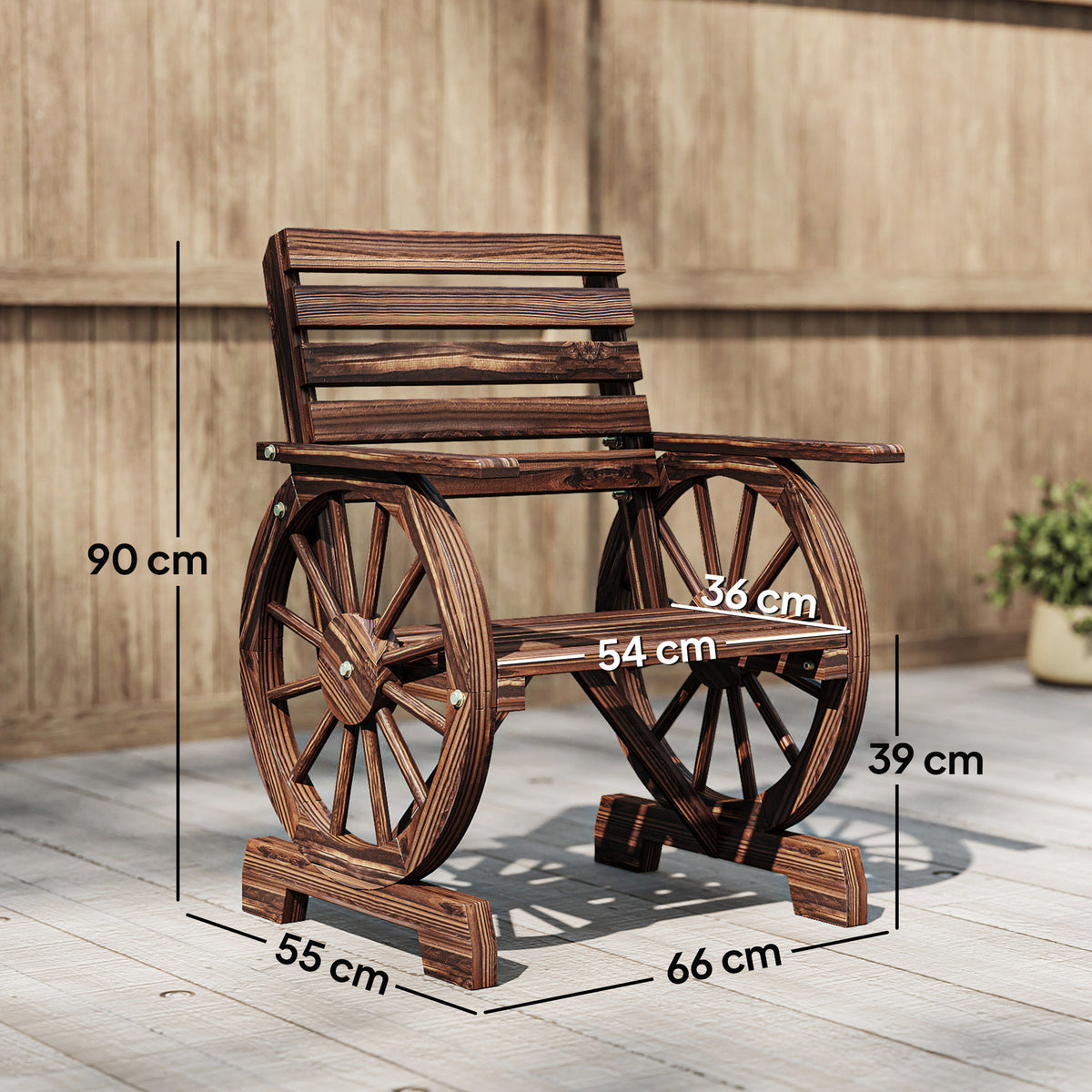 Chaise de Jardin en Bois, Style Roue de Chariot, Siège Large à Lattes, Dossier Incliné, 66x55x90cm, Finition Carbonisée-2