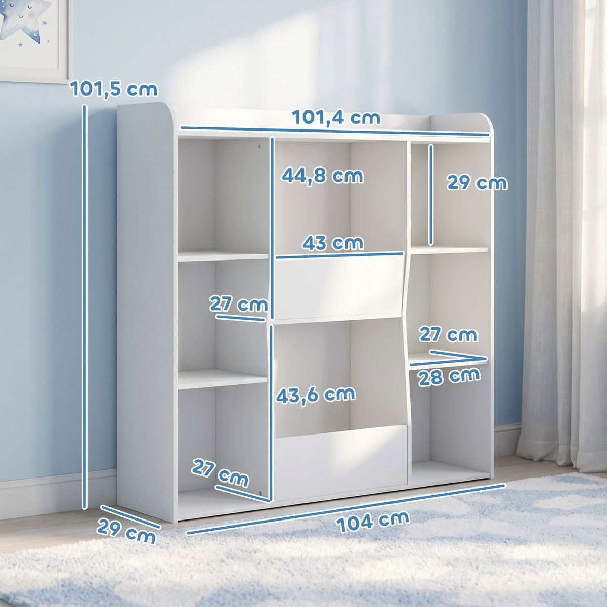 Meuble rangement enfant, bibliothèque enfants avec 8 compartiments et étagère supérieure, 104 x 29 x 101,5 cm, blanc-2