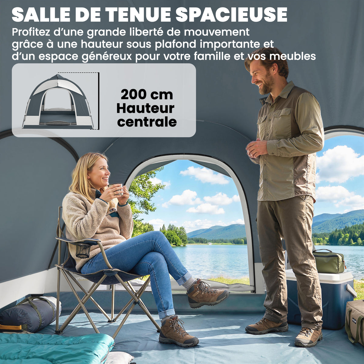Tente de Camping Facile à Monter 2-4 Personnes avec 3 Portes, Imperméable, Compatible avec SUV, Bleu Foncé-4