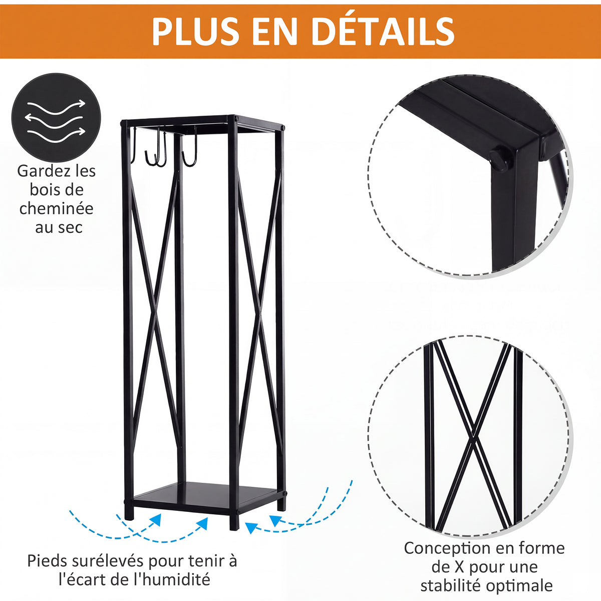 Porte bûches - Range bûches Serviteur de cheminée Colonne - Multi Accessoires dim. 34L x 34l x 111H cm métal Noir-5
