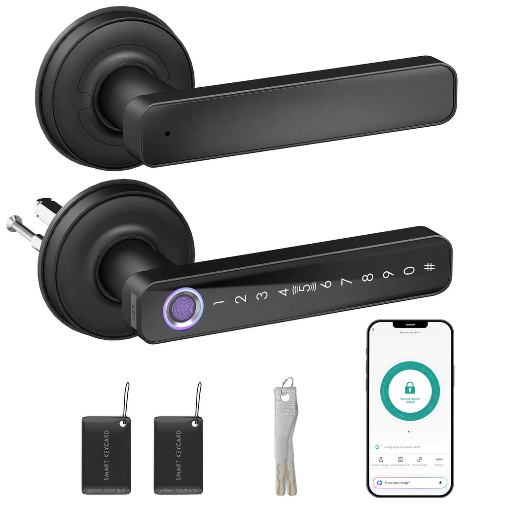 Serrure de Porte Intelligente, 5 Accès par Empreinte, Code, Carte NFC, Application Tuya/Smart Life et Clé, Noir-0