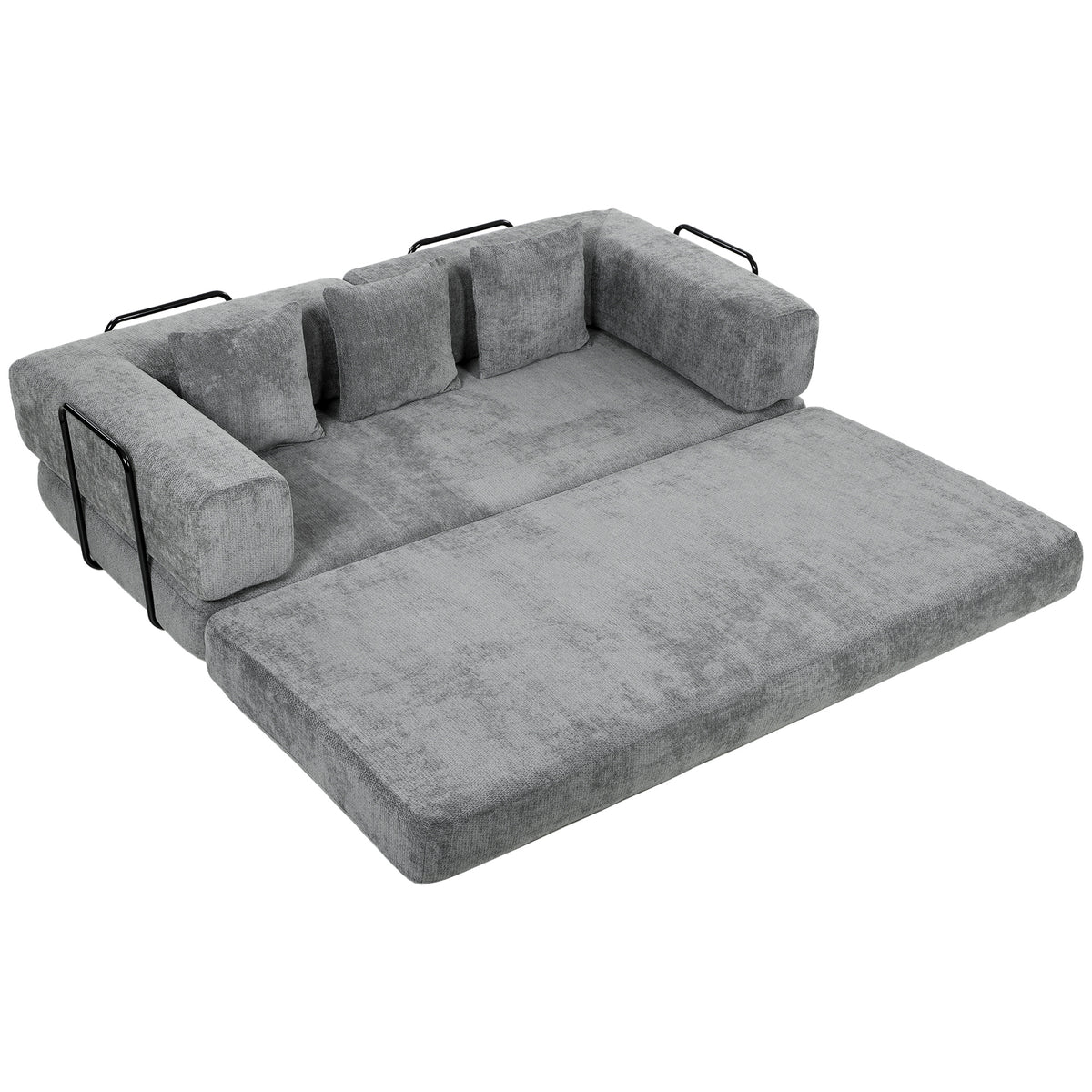 Canapé Convertible 3 Places Compressé 5 en 1, Canapé-Lit en Chenille 205cm, Assise Profonde, 2 Coussins, Gris-0