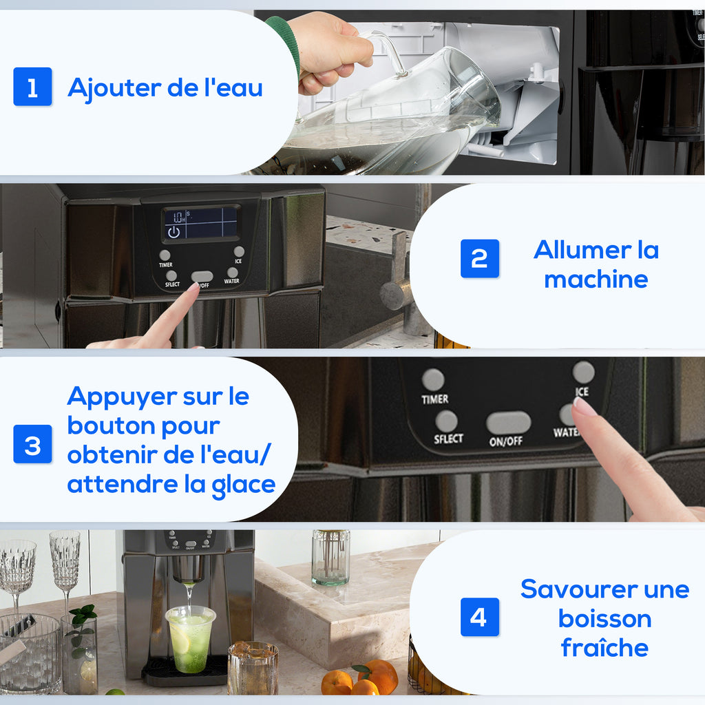 Machine à glaçons avec distributeur d'eau, ice maker, 12kg en 24h, 9 glaçons en 6-10 minutes, 25,2x38,9x36,3cm, noir-7