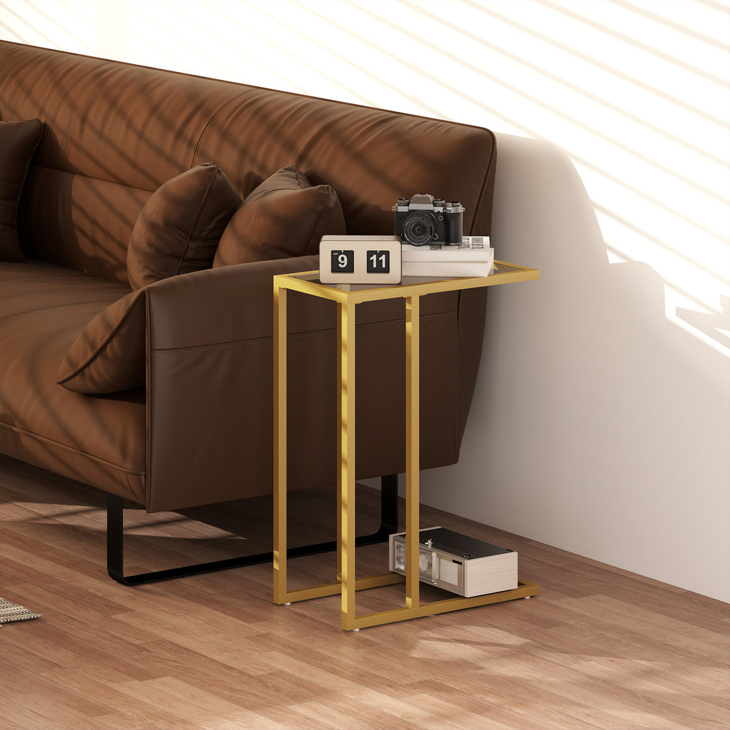 Table d'appoint en forme de C avec plateau en verre trempé, cadre en acier, doré-5