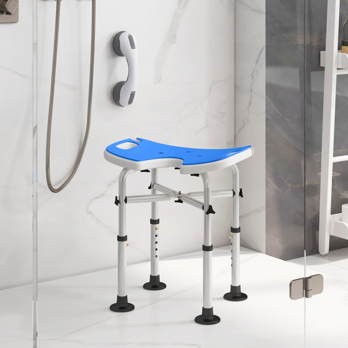 Tabouret de douche siège de douche hauteur ajustable 39-51,5 cm barre d'appui à ventouse patins à ventouse bleu foncé-9
