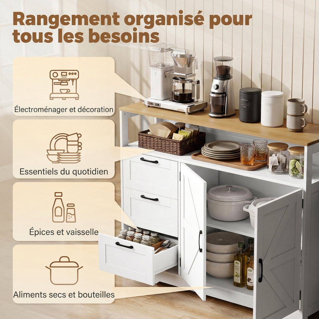 Buffet Cuisine, Meuble de Rangement avec 3 Tiroirs, 2 Portes Façon Grange, Plan de Travail et Compartiment Ouvert, Blanc-3