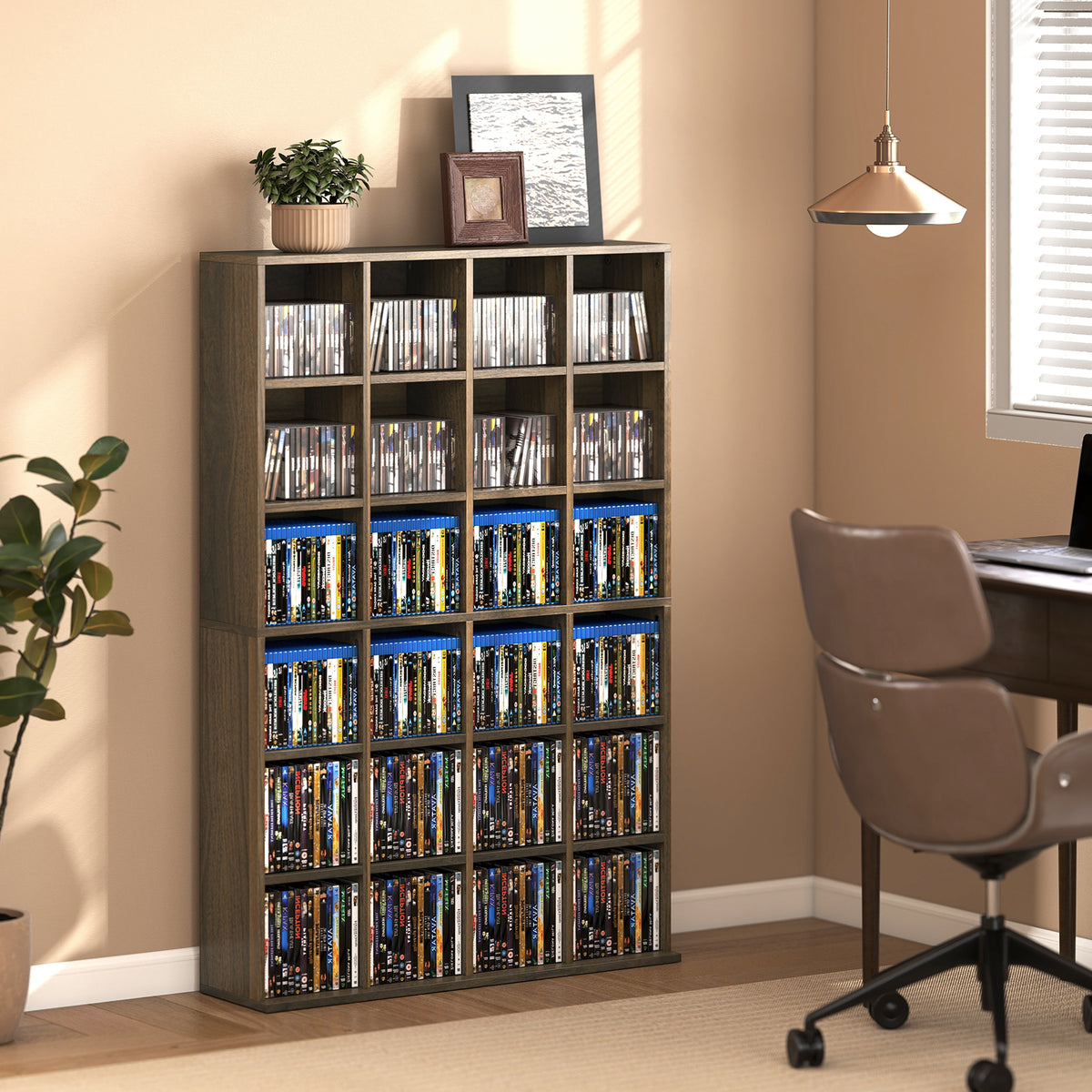Meuble de rangement multimédia 456 CD/ 336 DVD - bibliothèque en bois avec étagères réglables, 89 x 130,5 cm, marron-1