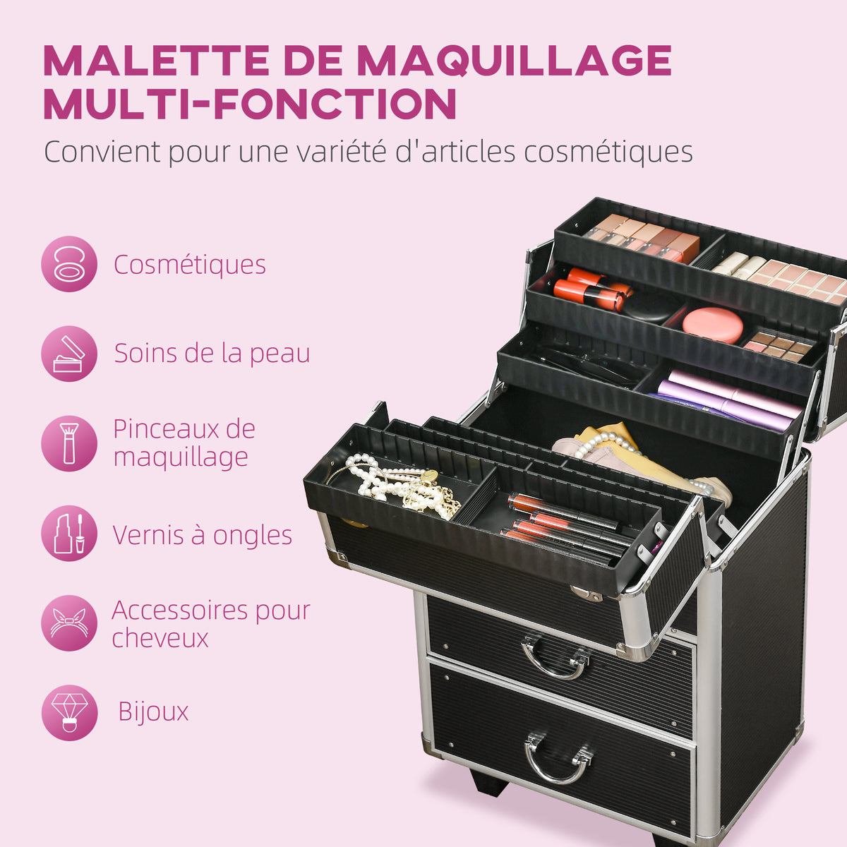 Valise trolley maquillage mallette cosmétique vanity poignée télescopique réglable 36L x 23l x 58H cm alu ABS noir-3