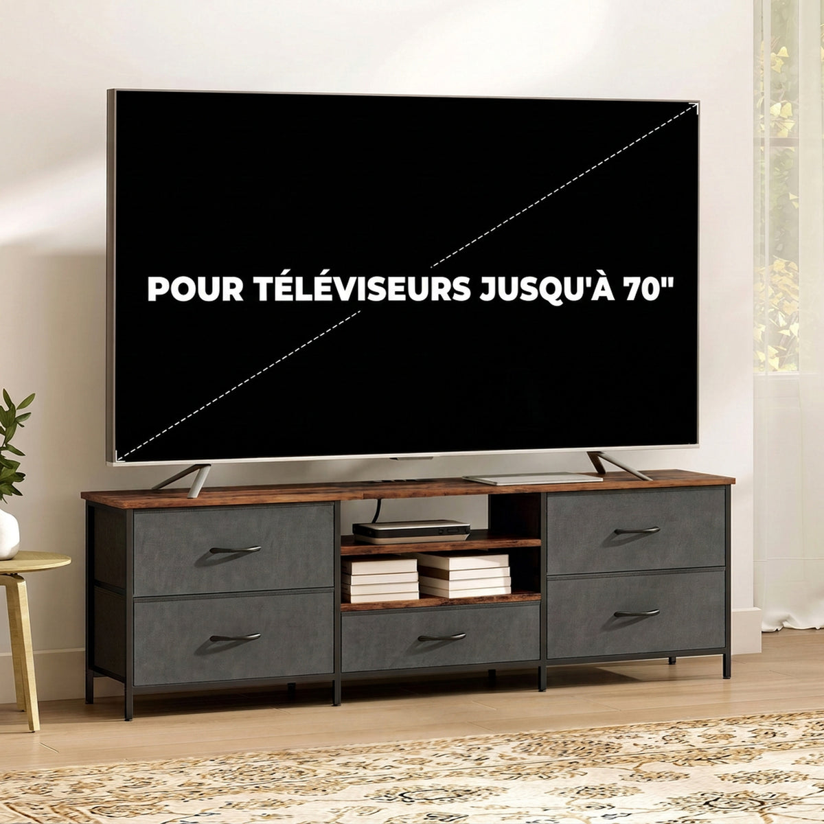 Meuble TV 160 cm, Meuble Télé 70 Pouces, Station de Charge, 5 Tiroirs en Tissu, Étagères Ouvertes, Gris Foncé-6