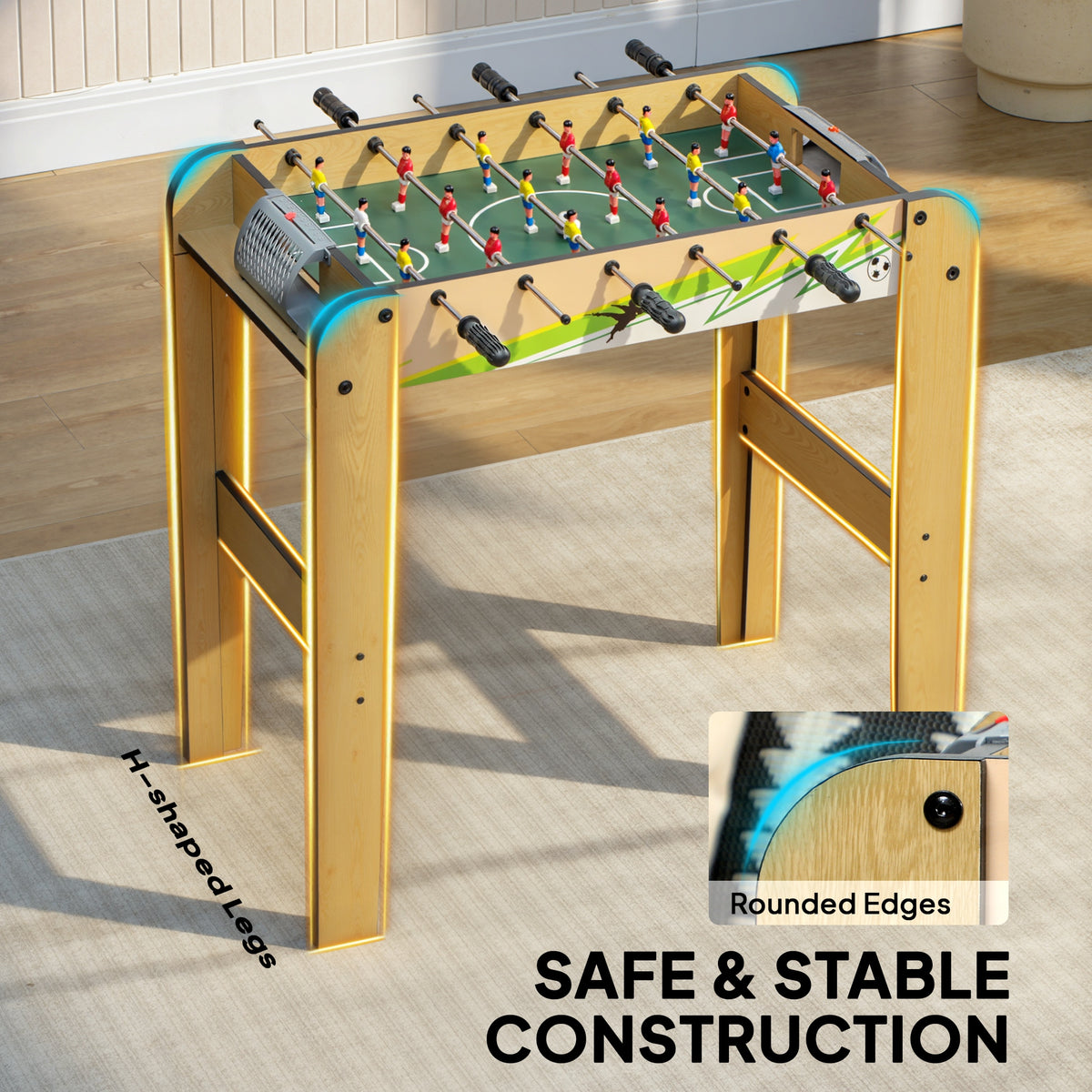 Baby-Foot Enfant 18 Joueurs 2 Balles, Barres 360°, Poignées Antidérapantes, Compteurs de Score, 75x66x75cm, Bois Naturel-7