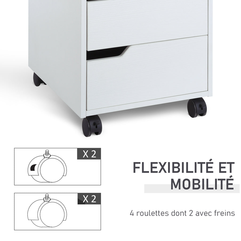 Caisson bureau mobile avec 3 tiroirs, meuble rangement bureau sur roulettes pour documents et imprimante, caisson de rangement compact pour travail ou chambre, 40x50x57,5cm, blanc-5