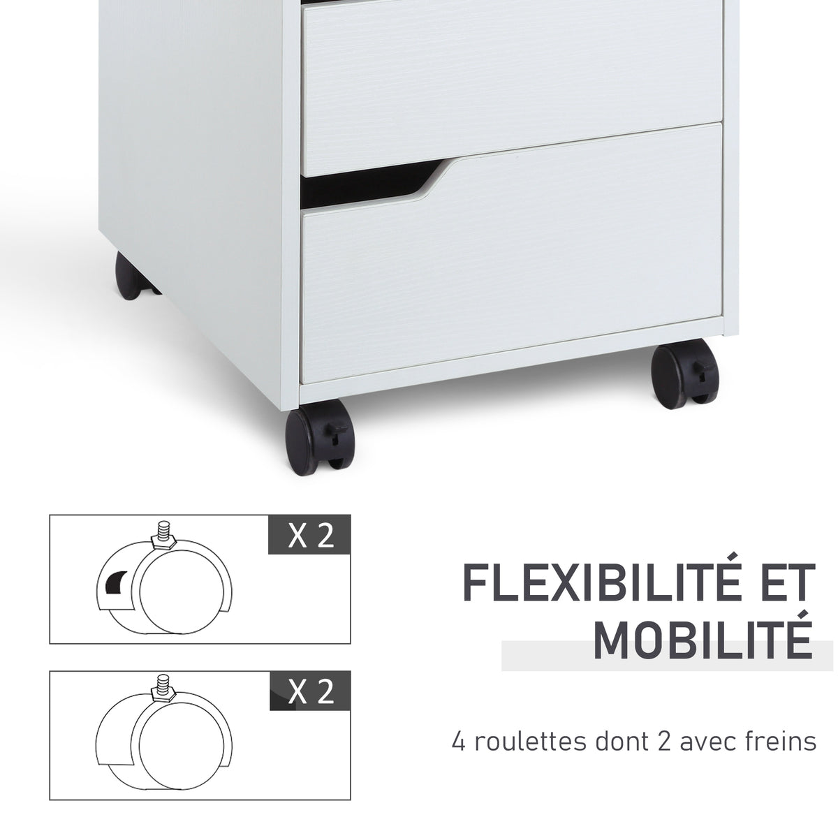 Caisson bureau mobile avec 3 tiroirs, meuble rangement bureau sur roulettes pour documents et imprimante, caisson de rangement compact pour travail ou chambre, 40x50x57,5cm, blanc-5