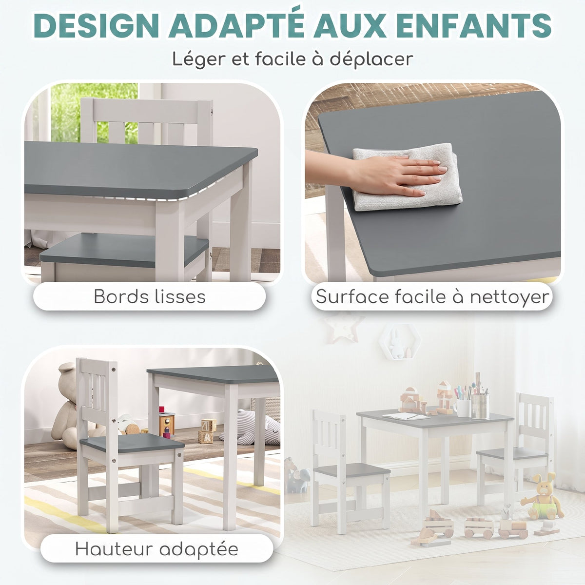 Table enfant avec chaise, lot table et 2 chaises enfant en bois pour dessiner, jouer, étudier, 56x52x48cm, gris-3