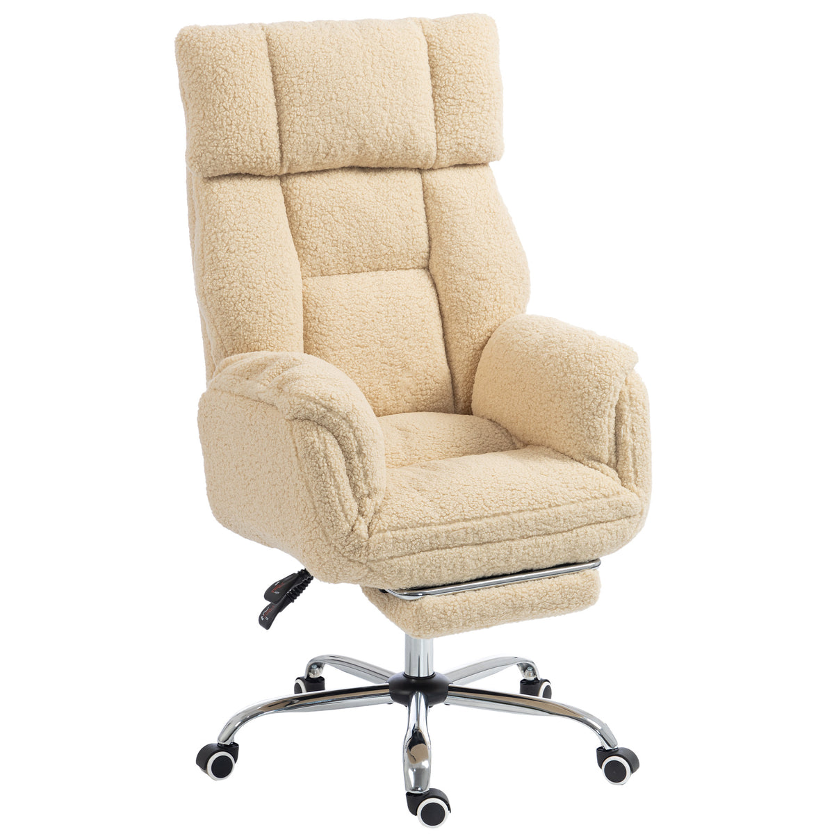 Chaise Bureau Ergonomique avec Accoudoirs Rabattables 5 Niveaux, Fauteuil de Bureau Inclinable en Tissu Teddy, Crème-0