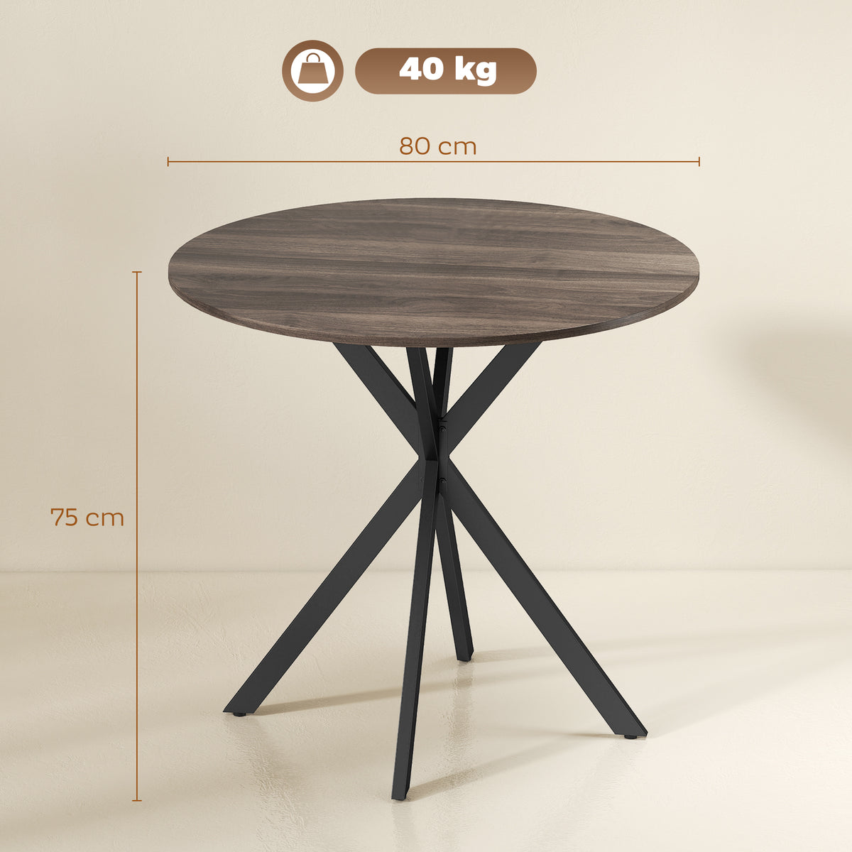 Table à manger ronde pour 2 personnes avec plateau aspect bois et piètement croisé en acier, marron-2