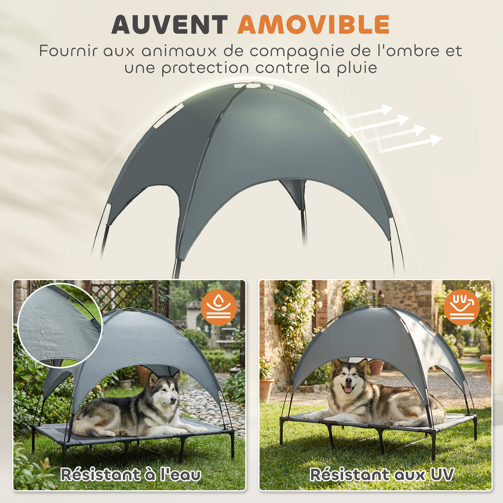 Lit Chien Sureleve avec Parasol, Lit de Camp Chien Chat sur Pieds Tissu Oxford Respirant, Anti-UV Cadre en Métal Sac de Transport Inclus Couchage Extérieur pour Chat 122 x 92 x 108 cm Gris Noir-4