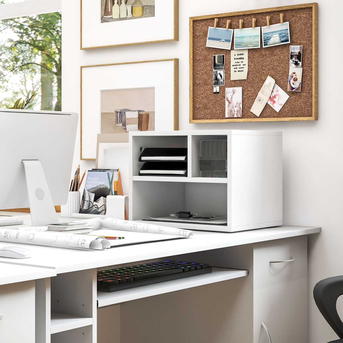Support d'imprimante meuble de rangement bureau caisson 4 compartiments ouverts 40L x 30l x 36H cm blanc-9
