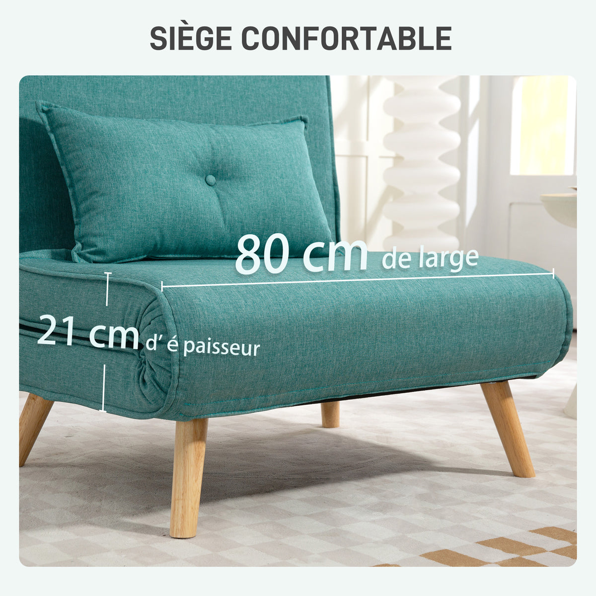 Fauteuil convertible 1 place canapé-lit clic-clac 3 en 1 avec dossier réglable en 5 positions, oreiller inclus, vert-4