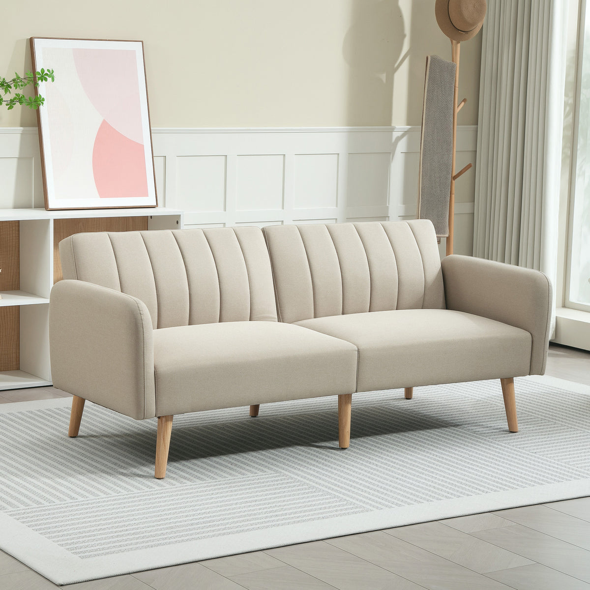 Canapé Convertible 2 Places Design scandinave Dossier inclinable 3 Positions Pieds Bois Tissu Aspect Lin Beige-1