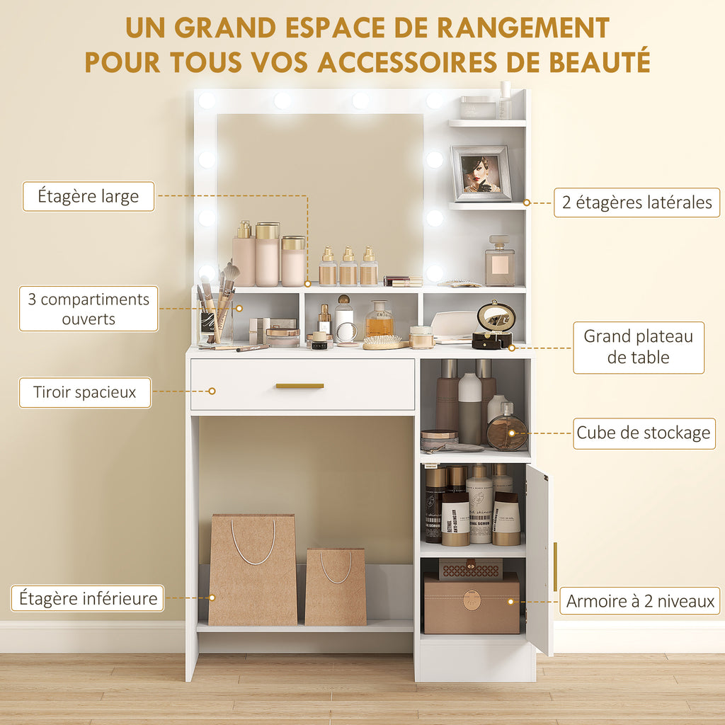 Coiffeuse avec miroir et 10 lumières LED, luminosité réglable, tiroir, placard et étagères ouvertes, 80x40x135cm, blanc-4
