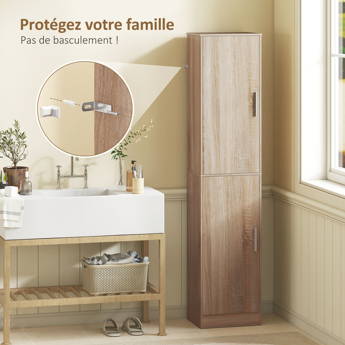 Meuble de salle de bain colonne avec 2 portes et 4 étagères réglables, 40 x 35 x 180 cm, bois naturel-4