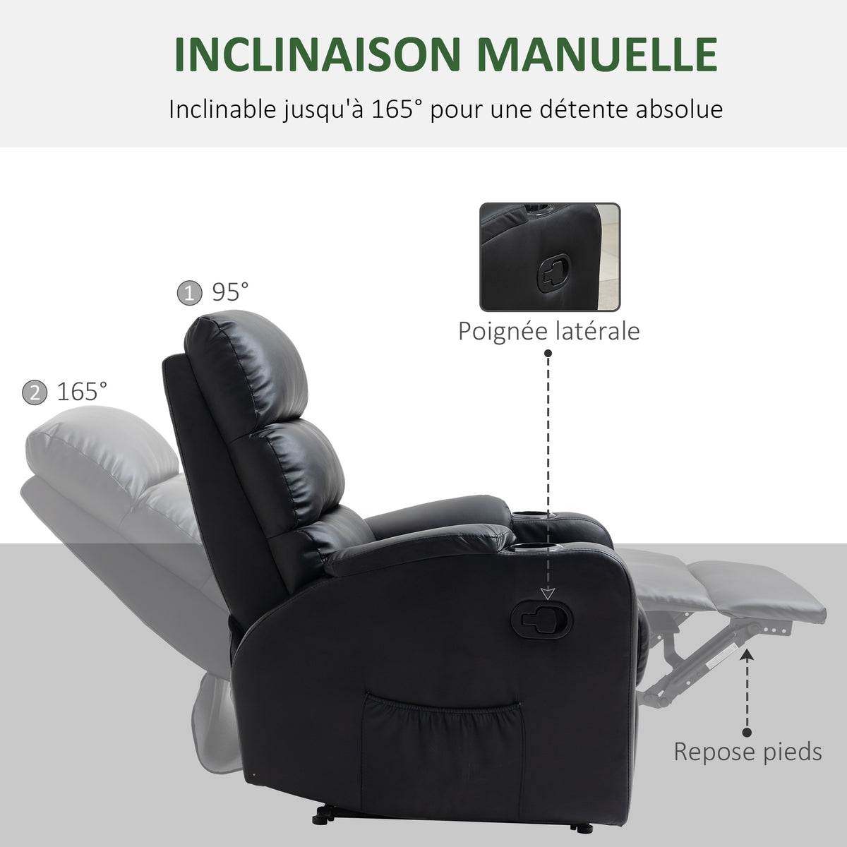 Fauteuil de Relaxation inclinable avec Repose-Pied Ajustable revêtement synthétique Noir-4